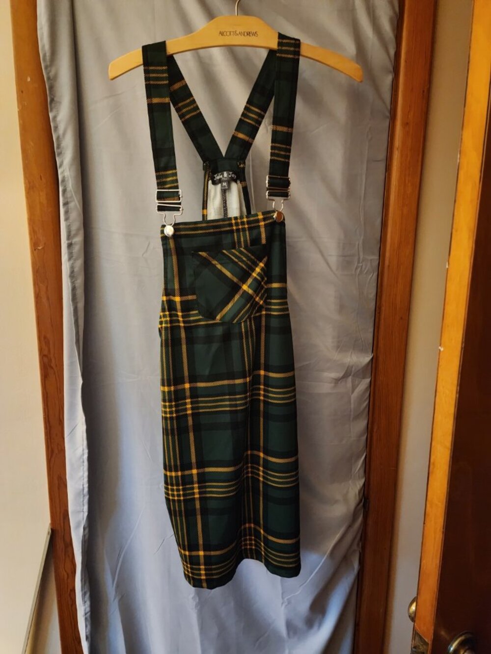 Jolie & Joy Green Plaid Wide Leg Overall Jumpsuit M